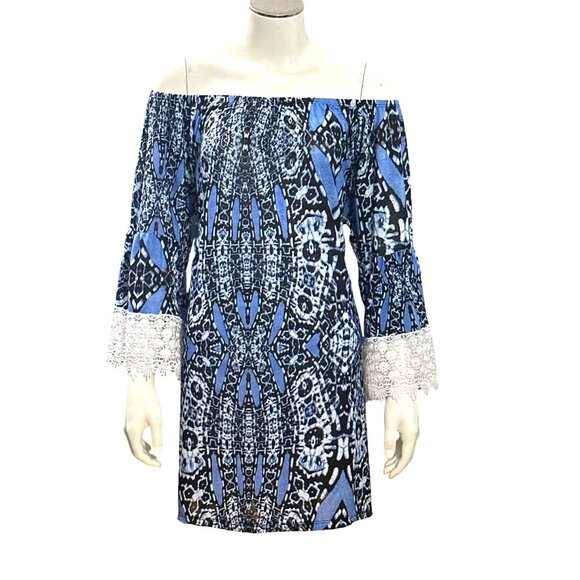 west loop Dresses & Skirts - CCC Blue Black Print Off Shoulder Tunic Dress Lace Bell Sleeves Boho Style XLarg